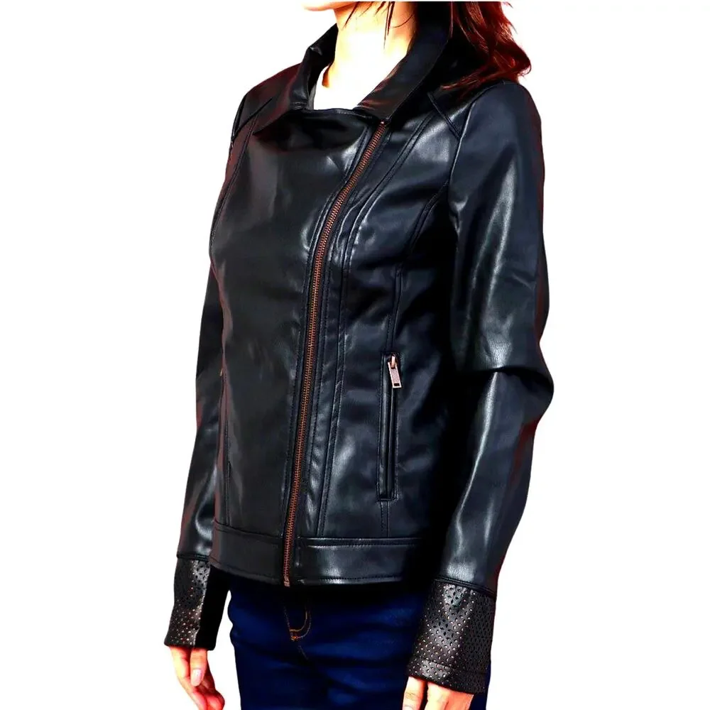Desigual Chaq Emine Rep Vegan Leather Moto Biker Jacket Black Size 38/ US 4 NWT